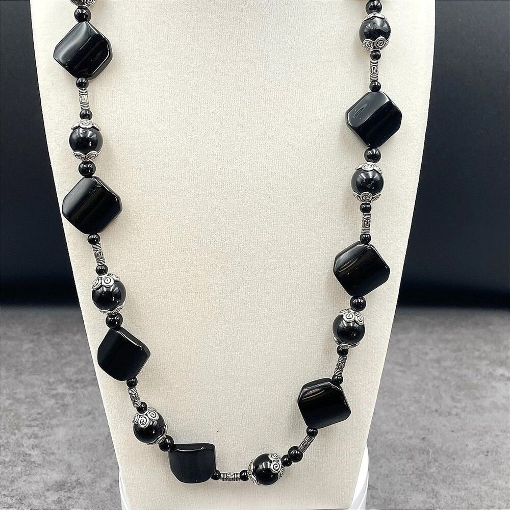 Vintage Silver-Tone Tribal Bohemian Black Onyx Beaded Station Statement Necklace